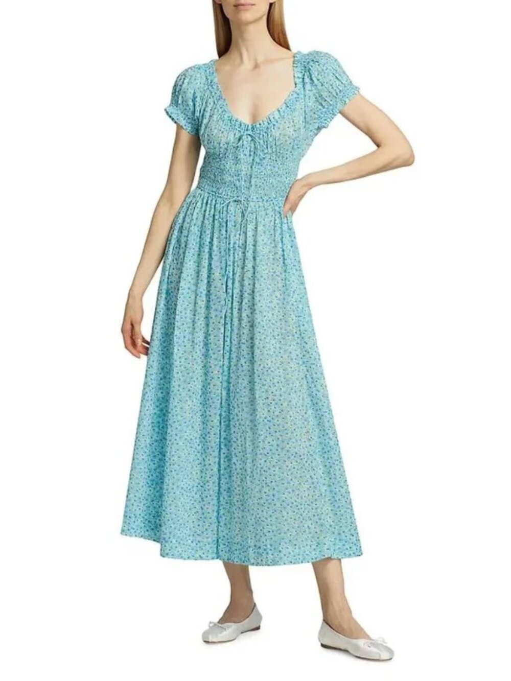 Doen Ashlynn in Bleu Daisy Fields Floral Lightweight Cotton Voile Midi Dress L